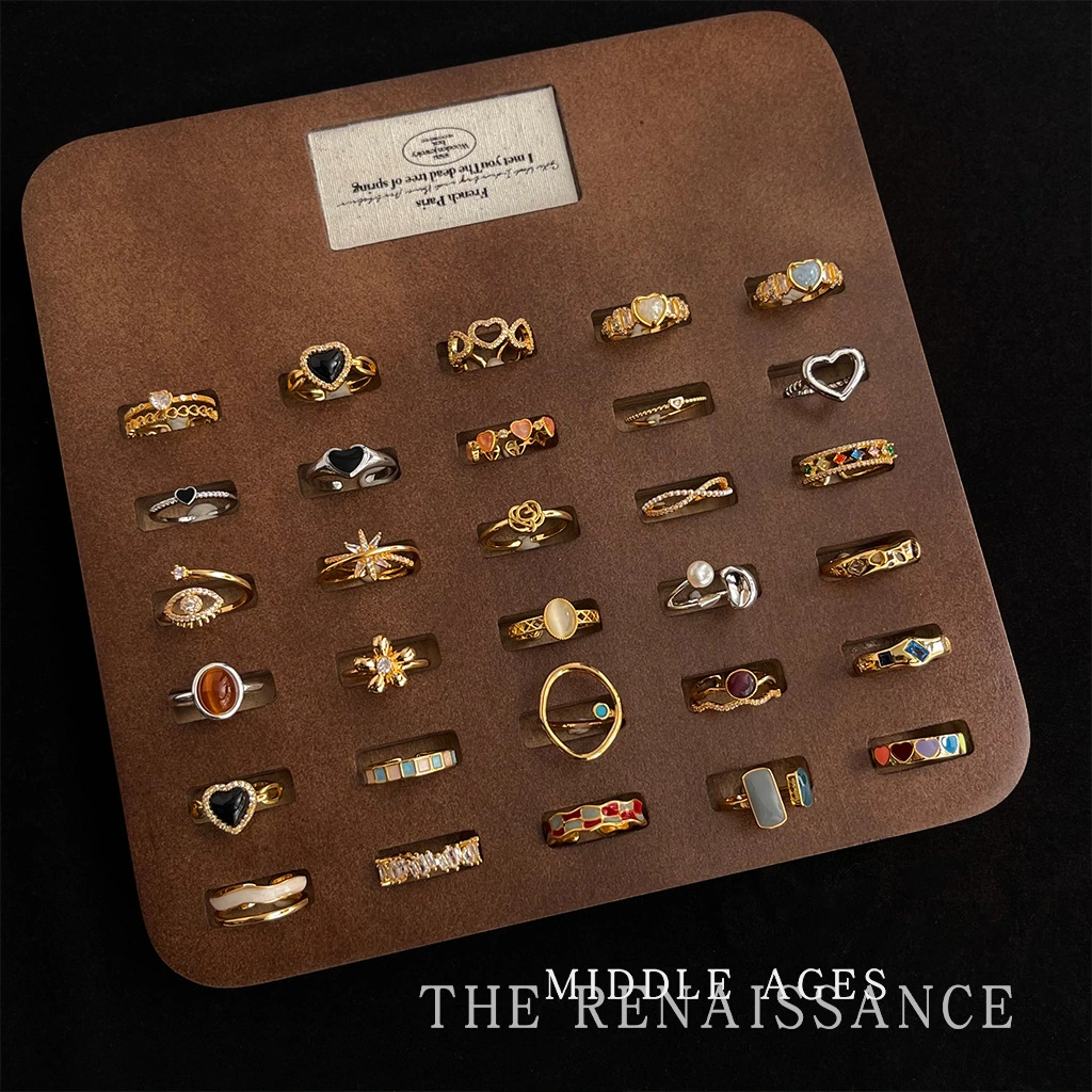 Vintage Enamel Ring Collection, Retro Zircon & Tiger Eye Index Rings, Adjustable Opening