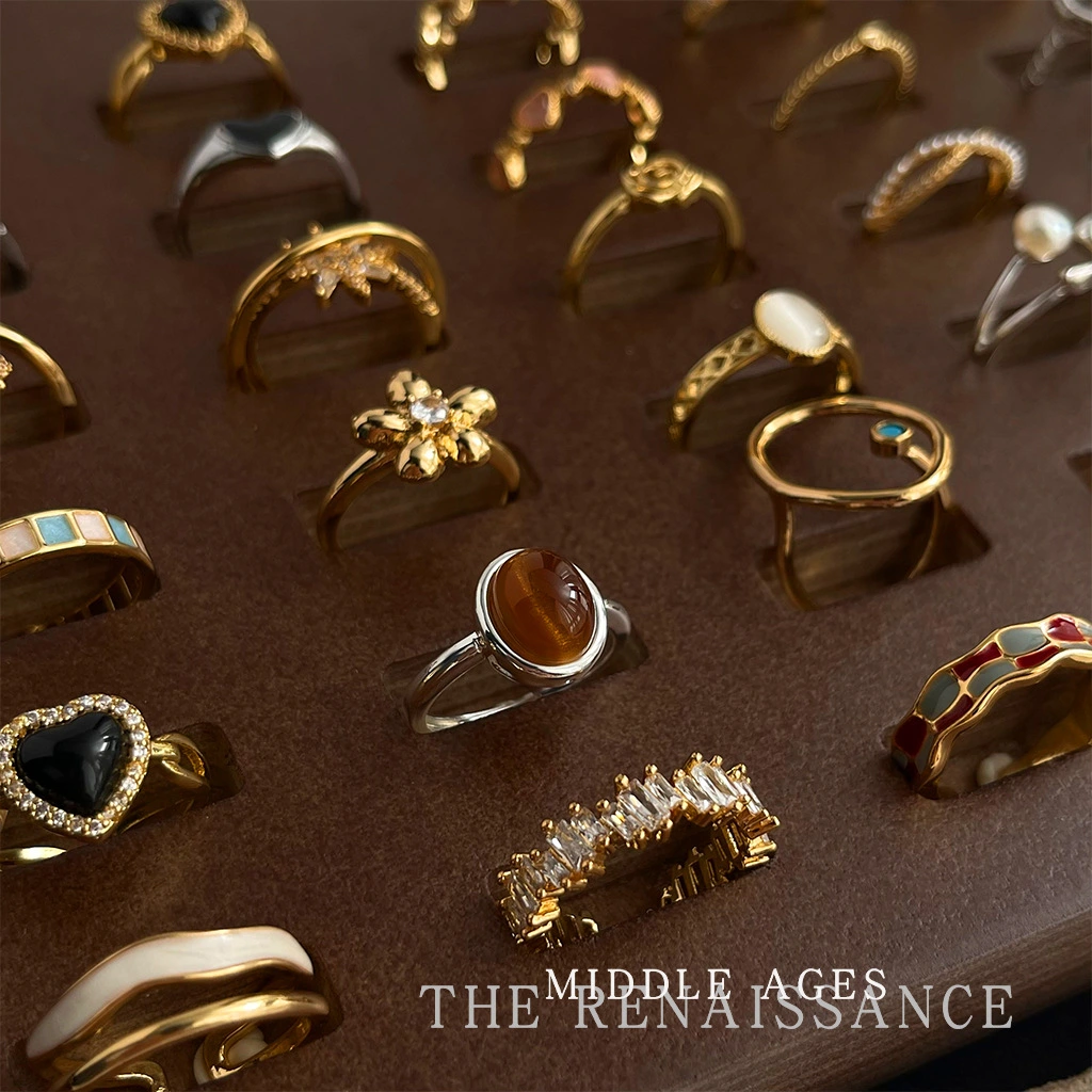 Vintage Enamel Ring Collection, Retro Zircon & Tiger Eye Index Rings, Adjustable Opening