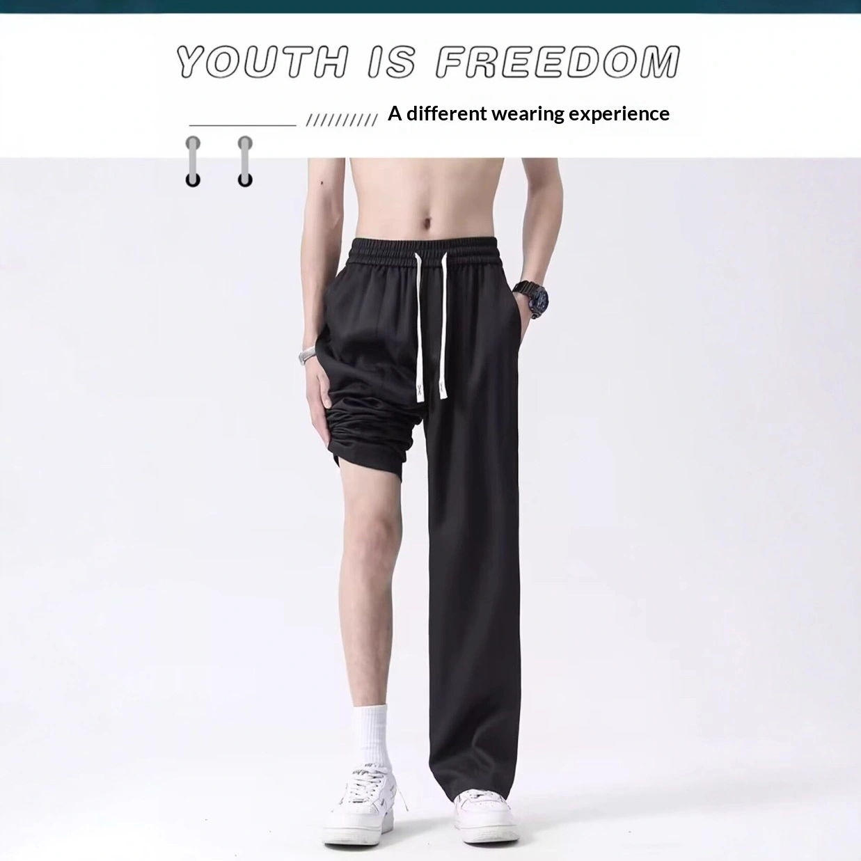 Black Casual Ice-silk Pants Men's Summer Thin