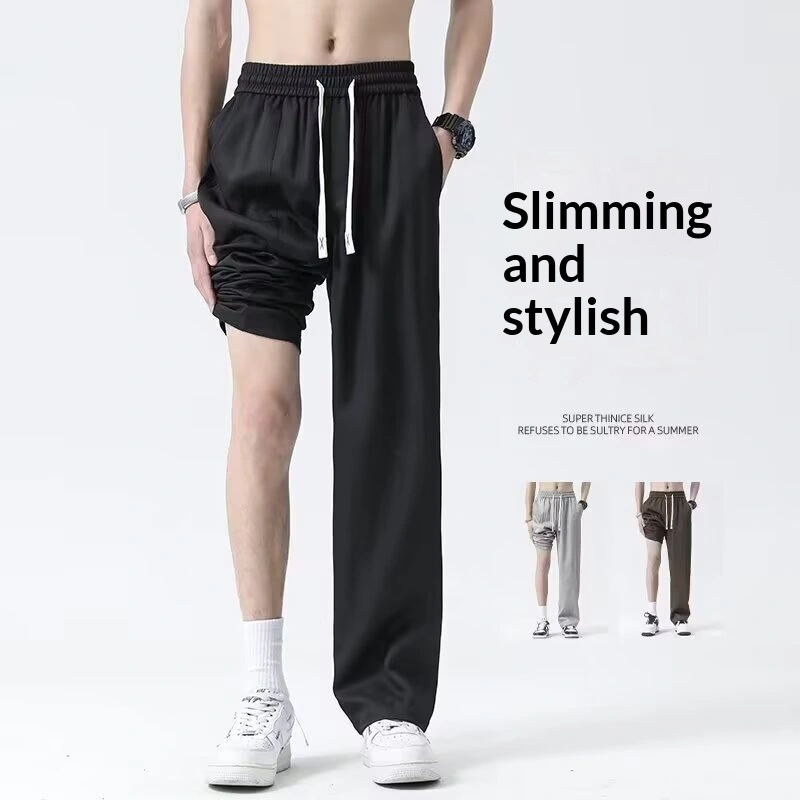 Black Casual Ice-silk Pants Men's Summer Thin