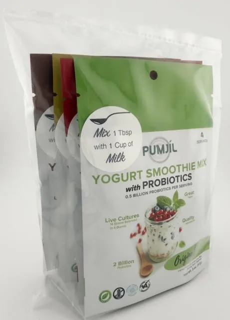 Pumjil Yogurt Smoothie Mix with Probiotics Variety Pack Four 2oz Bags(Original, Strawberry, Vanilla, Coconut),8 billion Live Cultures,14 Strains in 4 Blends,3g Added Sugar,Non-GMO,Gluten-Free,16 Servings