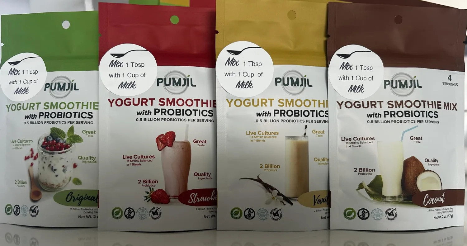 Pumjil Yogurt Smoothie Mix with Probiotics Variety Pack Four 2oz Bags(Original, Strawberry, Vanilla, Coconut),8 billion Live Cultures,14 Strains in 4 Blends,3g Added Sugar,Non-GMO,Gluten-Free,16 Servings