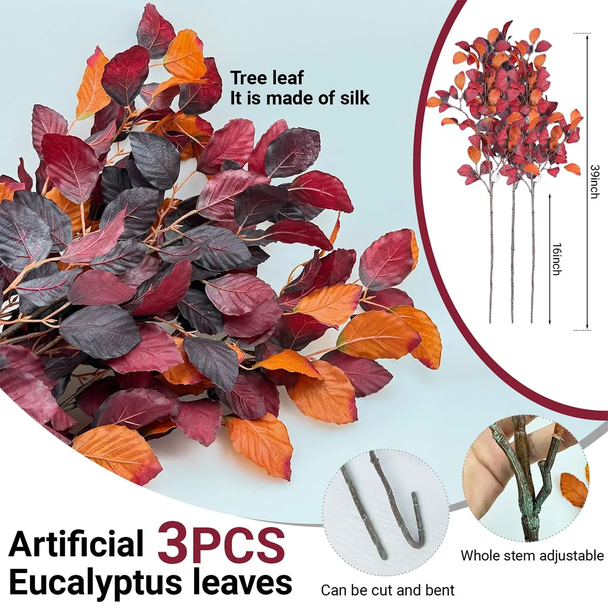 3 pcs 39 inch Fall Eucalyptus Stems Fake Fall Leaves Floral Stems Tall Artificial Plants Indoor Fall Decor for Living Room Home Decoration Halloween Flowers Artificial(Amaranth)