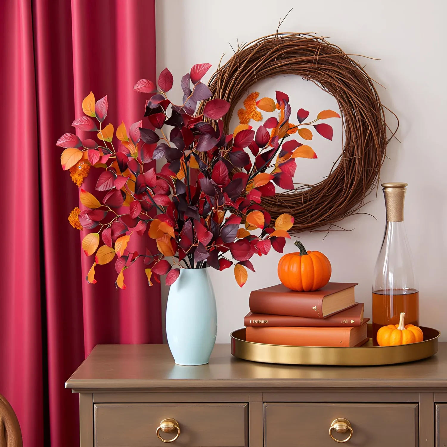 3 pcs 39 inch Fall Eucalyptus Stems Fake Fall Leaves Floral Stems Tall Artificial Plants Indoor Fall Decor for Living Room Home Decoration Halloween Flowers Artificial(Amaranth)