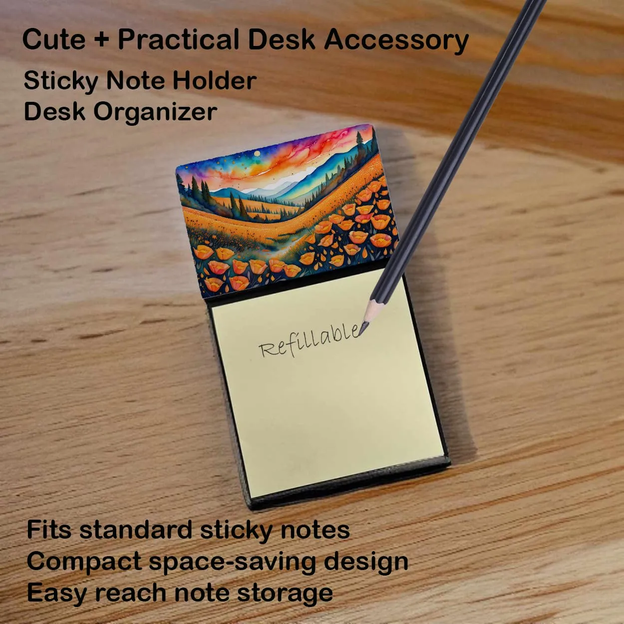 Caroline's Treasures California Poppies in Color Sticky Note Holder Refillable Dispenser Self-Sticky Note Pads, Memo Pads Blank Desk Accessories