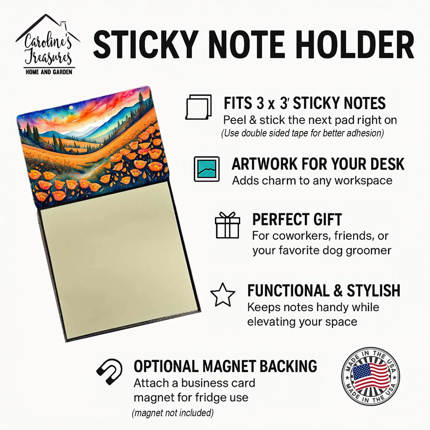Caroline's Treasures California Poppies in Color Sticky Note Holder Refillable Dispenser Self-Sticky Note Pads, Memo Pads Blank Desk Accessories