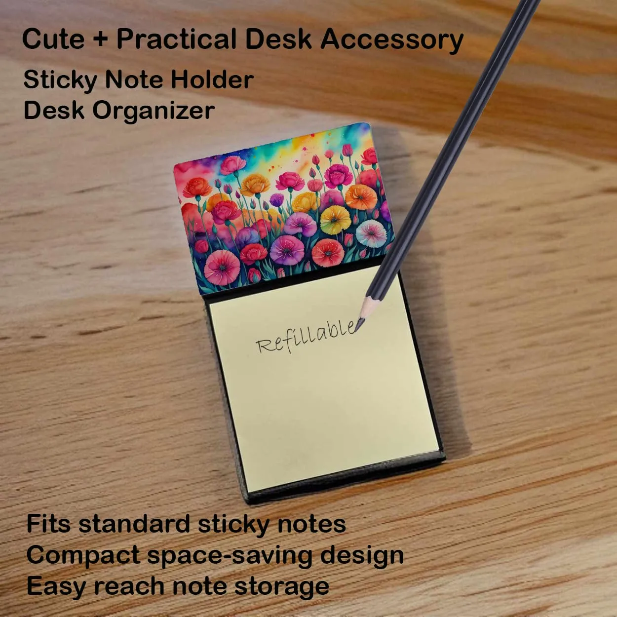 Caroline's Treasures Carnations in Color Sticky Note Holder Refillable Dispenser Self-Sticky Note Pads, Memo Pads Blank Desk Accessories