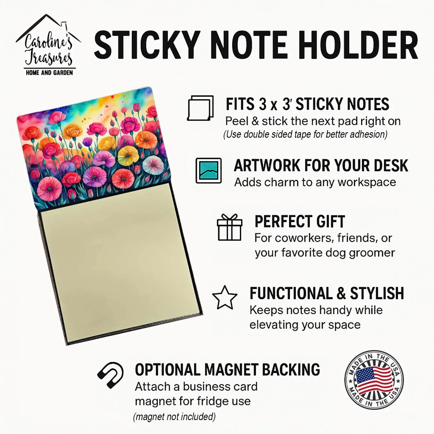 Caroline's Treasures Carnations in Color Sticky Note Holder Refillable Dispenser Self-Sticky Note Pads, Memo Pads Blank Desk Accessories