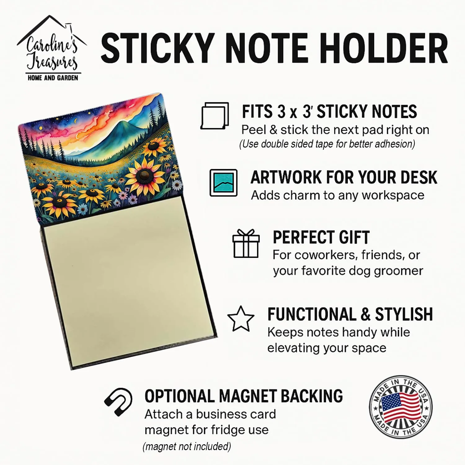 Caroline's Treasures Black-Eyed Susans in Color Sticky Note Holder Refillable Dispenser Self-Sticky Note Pads, Memo Pads Blank Desk Accessories