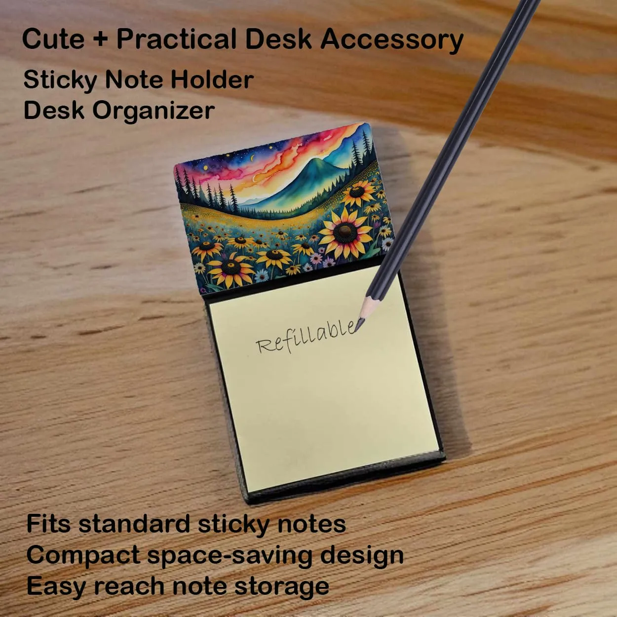 Caroline's Treasures Black-Eyed Susans in Color Sticky Note Holder Refillable Dispenser Self-Sticky Note Pads, Memo Pads Blank Desk Accessories