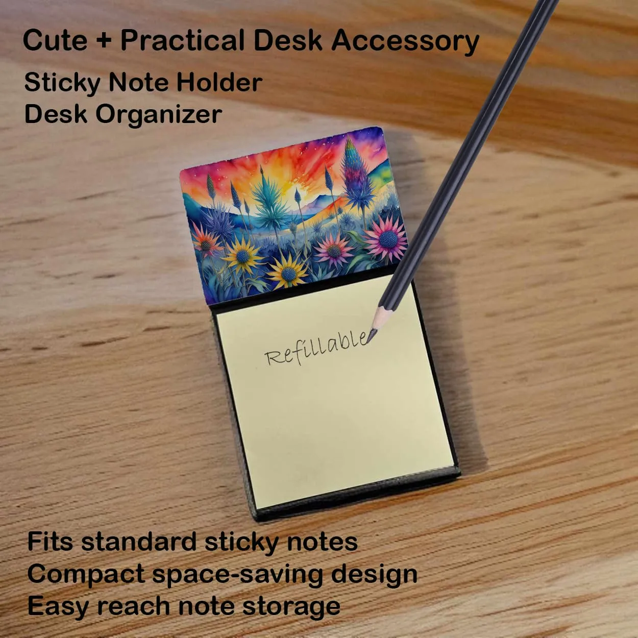 Caroline's Treasures Eryngium in Color Sticky Note Holder Refillable Dispenser Self-Sticky Note Pads, Memo Pads Blank Desk Accessories