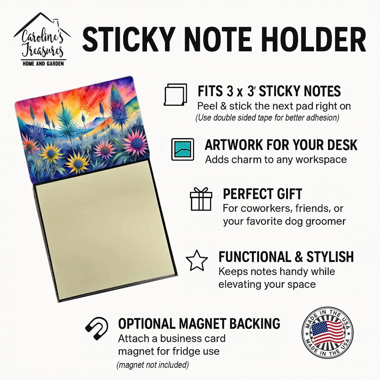 Caroline's Treasures Eryngium in Color Sticky Note Holder Refillable Dispenser Self-Sticky Note Pads, Memo Pads Blank Desk Accessories