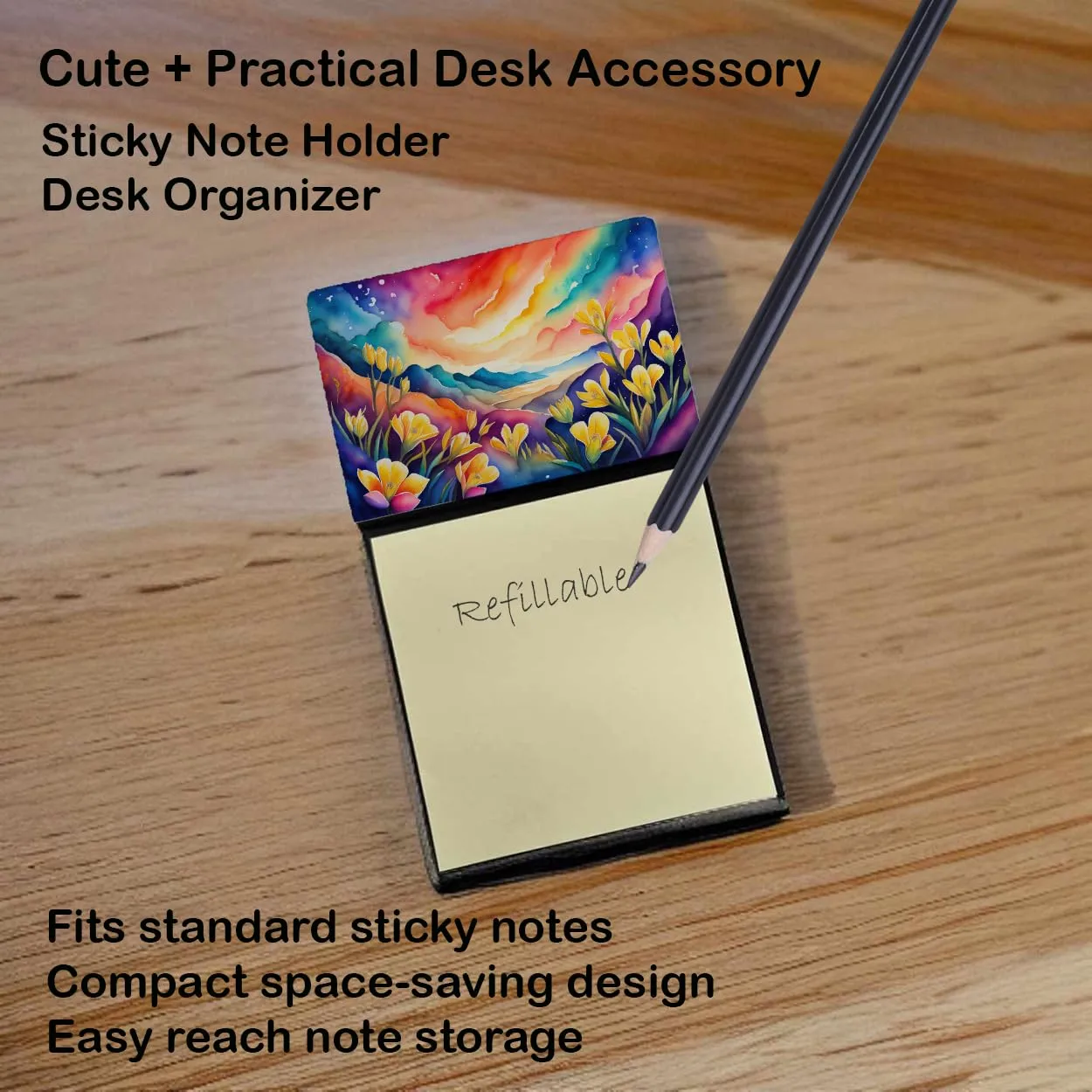Caroline's Treasures Freesia in Color Sticky Note Holder Refillable Dispenser Self-Sticky Note Pads, Memo Pads Blank Desk Accessories