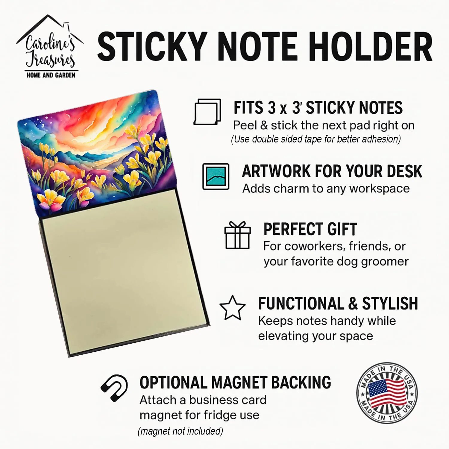 Caroline's Treasures Freesia in Color Sticky Note Holder Refillable Dispenser Self-Sticky Note Pads, Memo Pads Blank Desk Accessories
