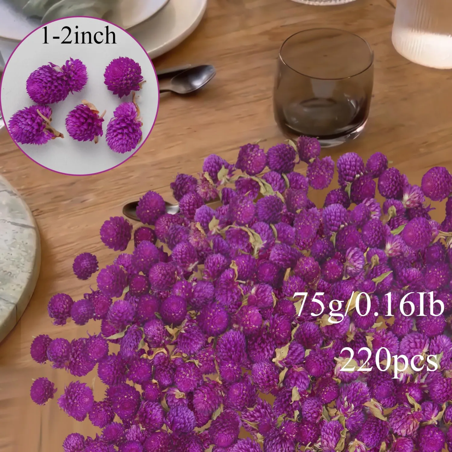 220 Pcs Dried Flowers Heads for Crafts Purple Globe Amaranth Natural Dried Gomphrena Globosa Flower Bulk Dry Flower Arrangements for Wedding Decor Home Party Headband DIY