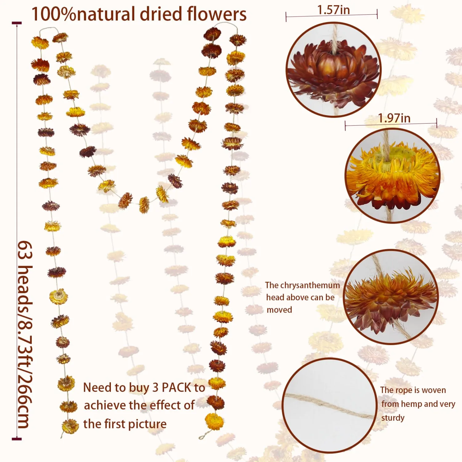 Dried Flowers Garland Real Daisy Sunflower Garlands 8.7ft 63Pcs Bulk Natural Dried Flowers Heads Gerbera Daisies Dry Flower Arrangement for Wedding Boho Decor Home Party Wall Hanging Decoration