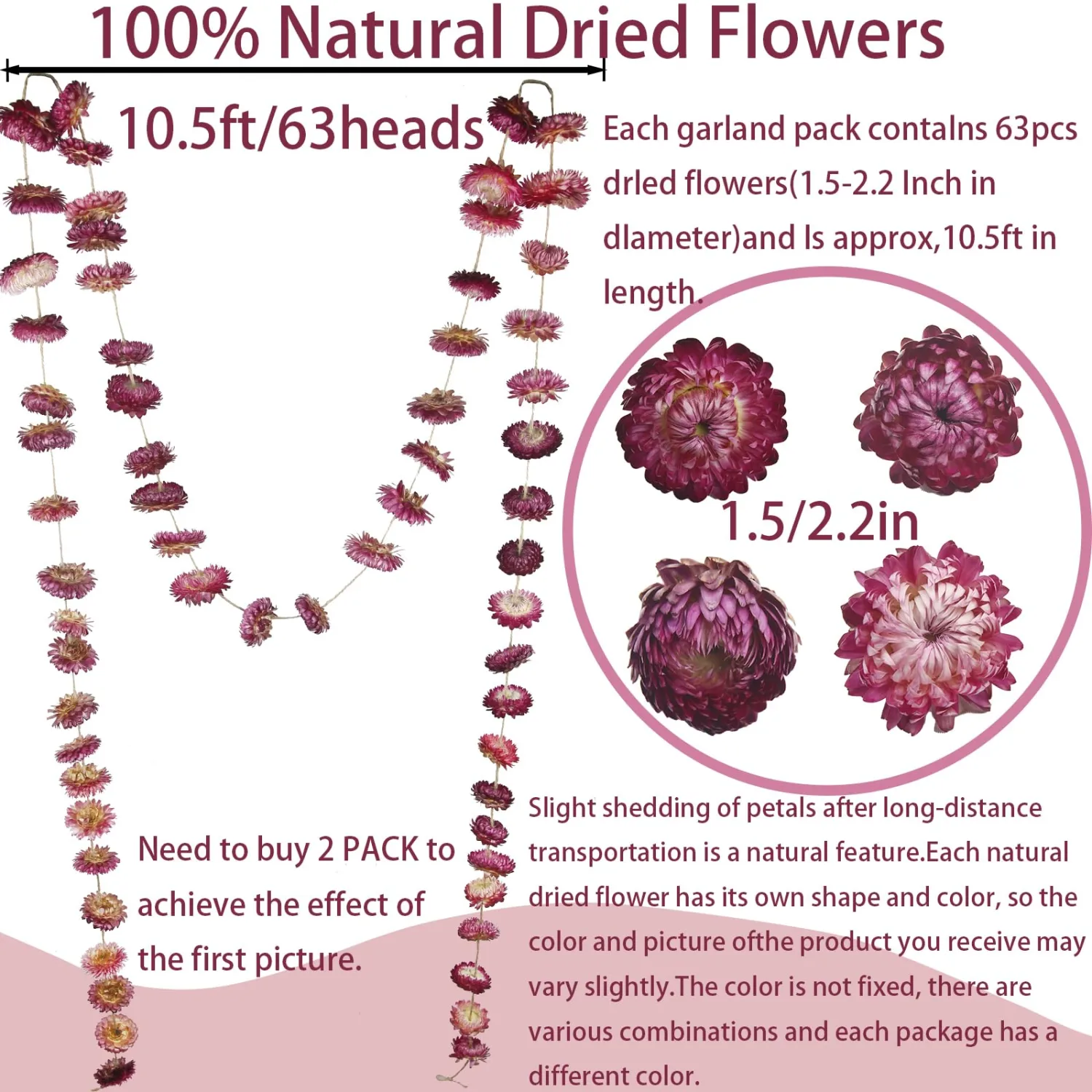 Dried Flowers Garland Real Daisy Sunflower Garlands 10.5ft 63 Pcs Natural Dried Daisy Flowers Heads Gerbera Daisies Dry Flower Arrangements for Wedding Boho Decor Home Party Wall Hanging