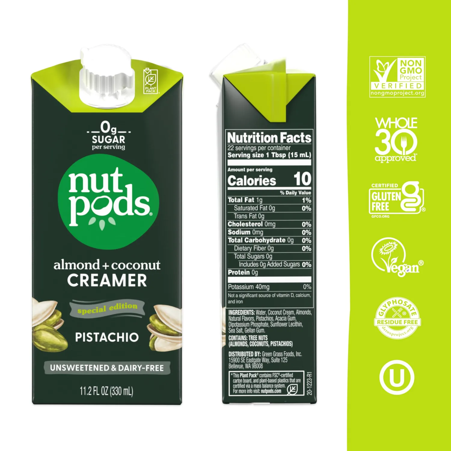 nutpods Pistachio Unsweetened Dairy-Free Creamer, Made from Almonds and Coconuts, Whole30, Keto, Gluten Free, Non-GMO, Vegan, Kosher (3-Pack)