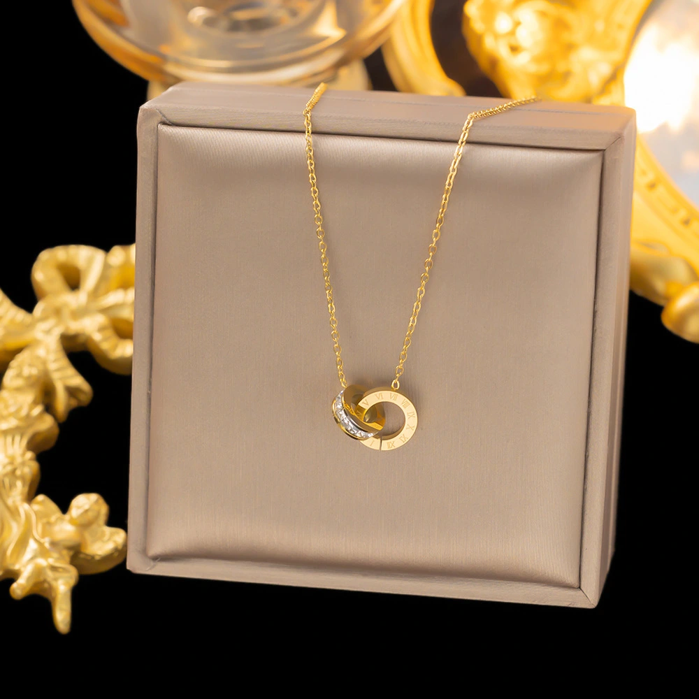 Roman Numeral Double-ring Full-diamond Titanium Steel Necklace