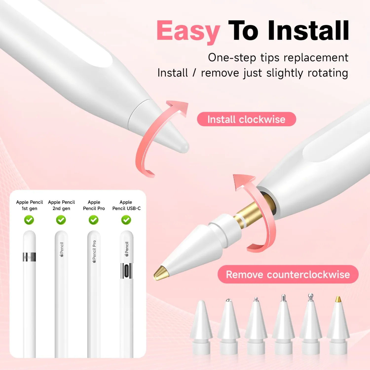 2026 Upgraded Replacement Pencil Tips for Apple Pencil Pro/1st Gen/2nd Gen/USB-C with Storage Case, Needle Apple Pen Tips, Metal iPad Pencil Accessories Sets (Pink)