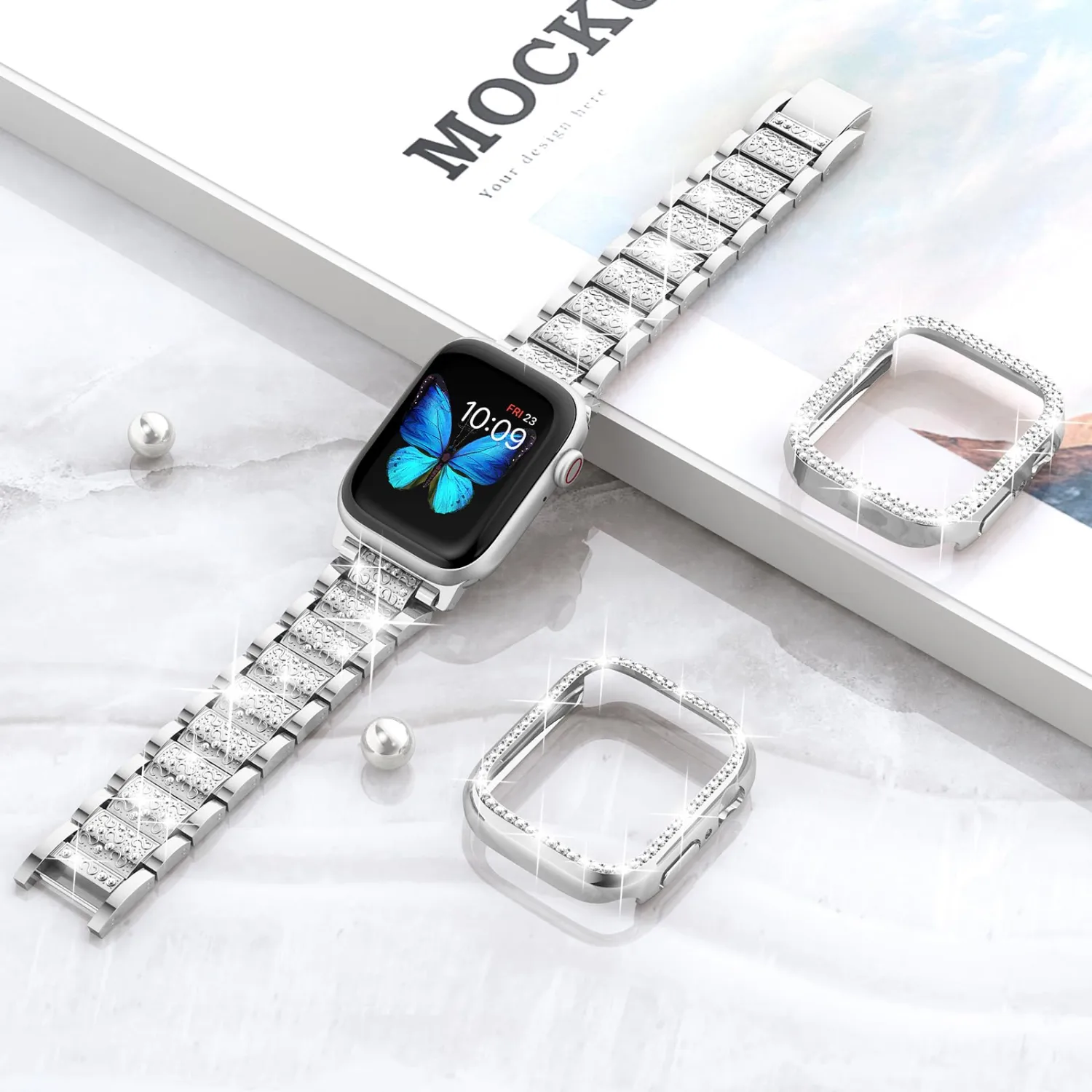 SUPOIX Compatible with Apple Watch Band 45mm + Case, Women Jewelry Bling Diamond Metal Bands & 2 Pack Protective Cover Cases for iWatch Series 9/8/7(Silver)