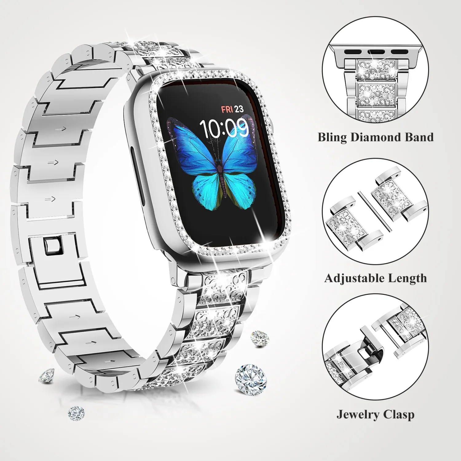 SUPOIX Compatible with Apple Watch Band 45mm + Case, Women Jewelry Bling Diamond Metal Bands & 2 Pack Protective Cover Cases for iWatch Series 9/8/7(Silver)
