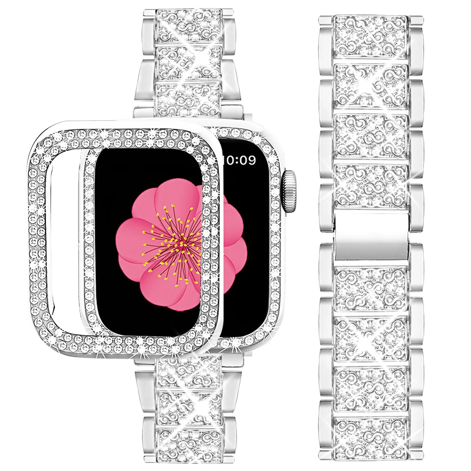 SUPOIX Compatible with Apple Watch Band 45mm + Case, Women Jewelry Bling Diamond Metal Bands & 2 Pack Protective Cover Cases for iWatch Series 9/8/7(Silver)