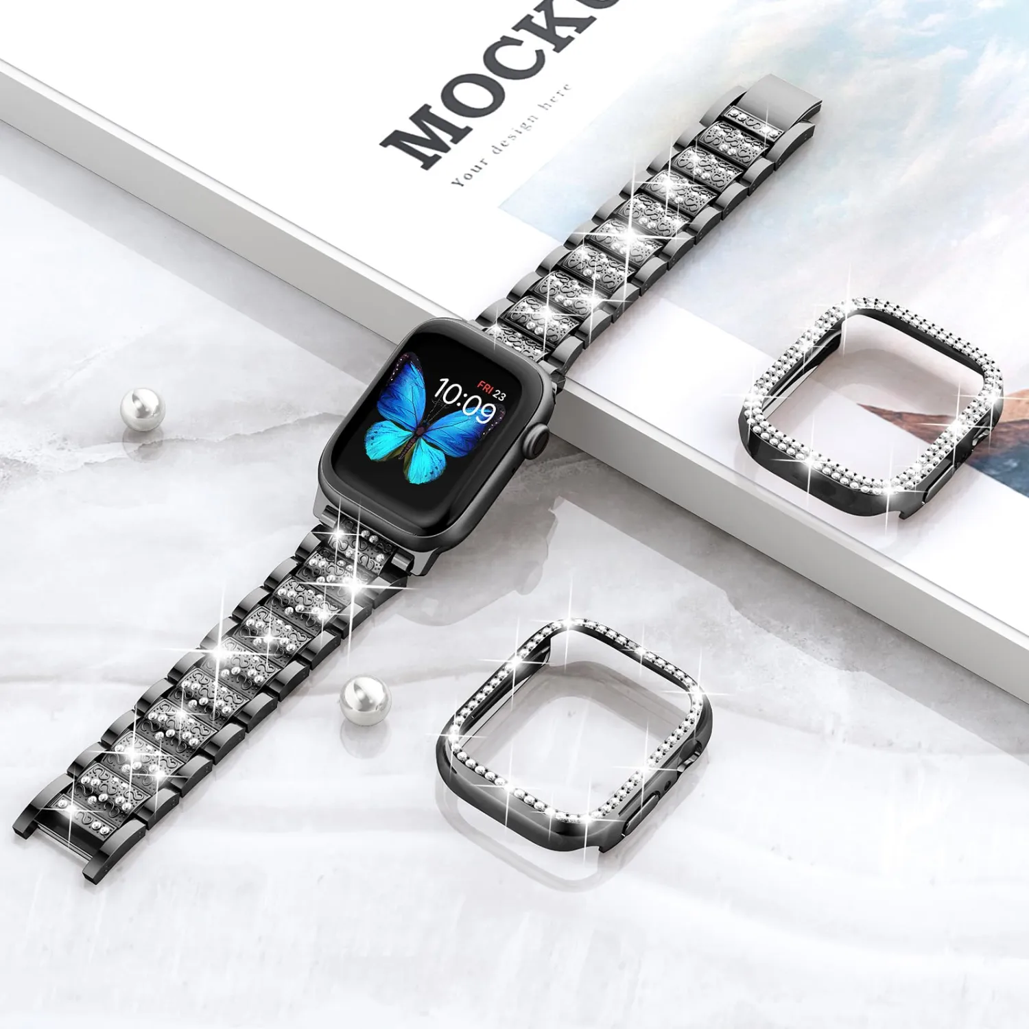 SUPOIX Compatible with Apple Watch Band 38mm + Case, Women Jewelry Bling Diamond Metal Bands & 2 Pack Protective Cover Cases for iWatch Series 3/2/1(Black/38mm)