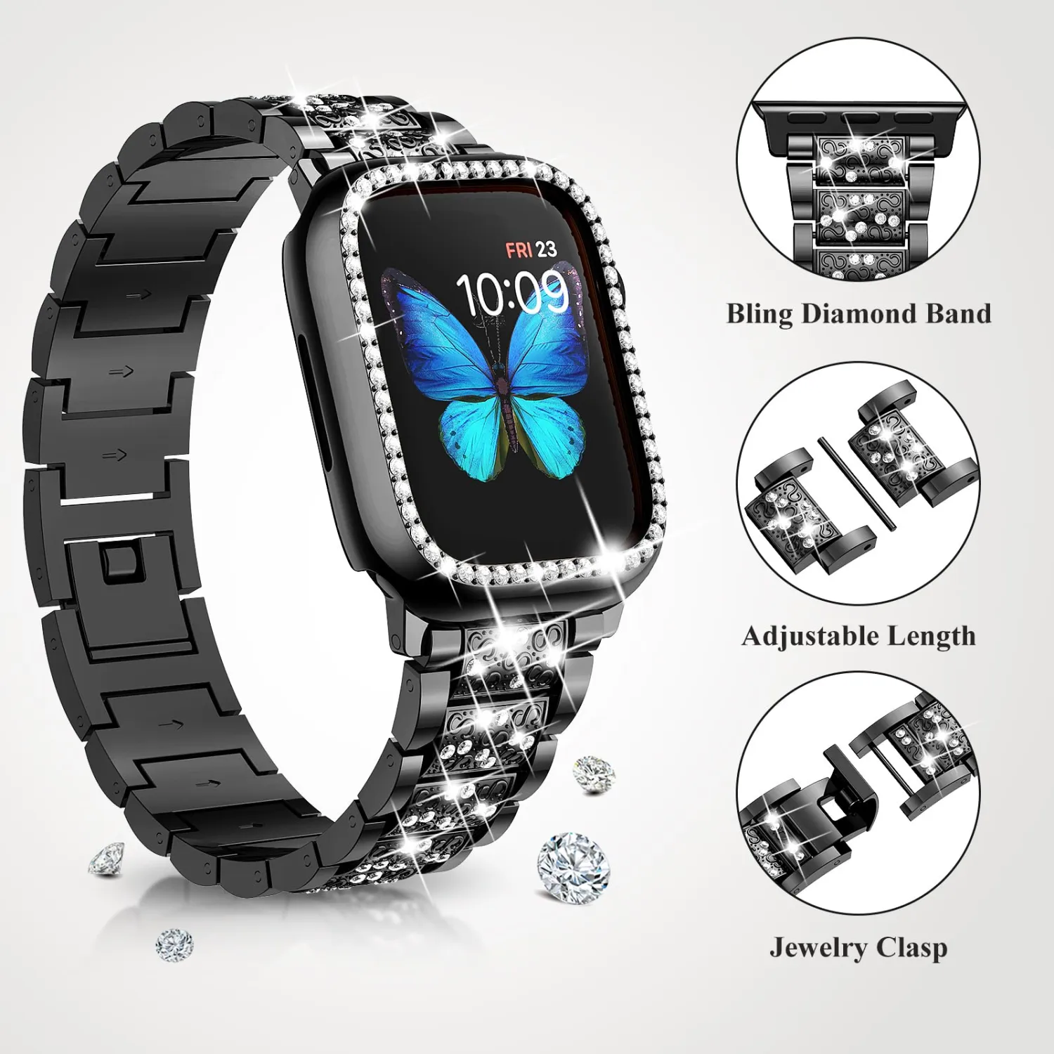 SUPOIX Compatible with Apple Watch Band 38mm + Case, Women Jewelry Bling Diamond Metal Bands & 2 Pack Protective Cover Cases for iWatch Series 3/2/1(Black/38mm)