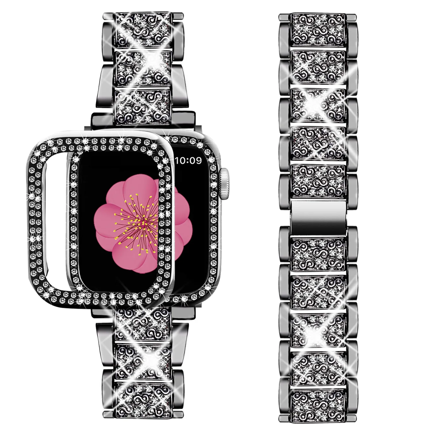 SUPOIX Compatible with Apple Watch Band 38mm + Case, Women Jewelry Bling Diamond Metal Bands & 2 Pack Protective Cover Cases for iWatch Series 3/2/1(Black/38mm)
