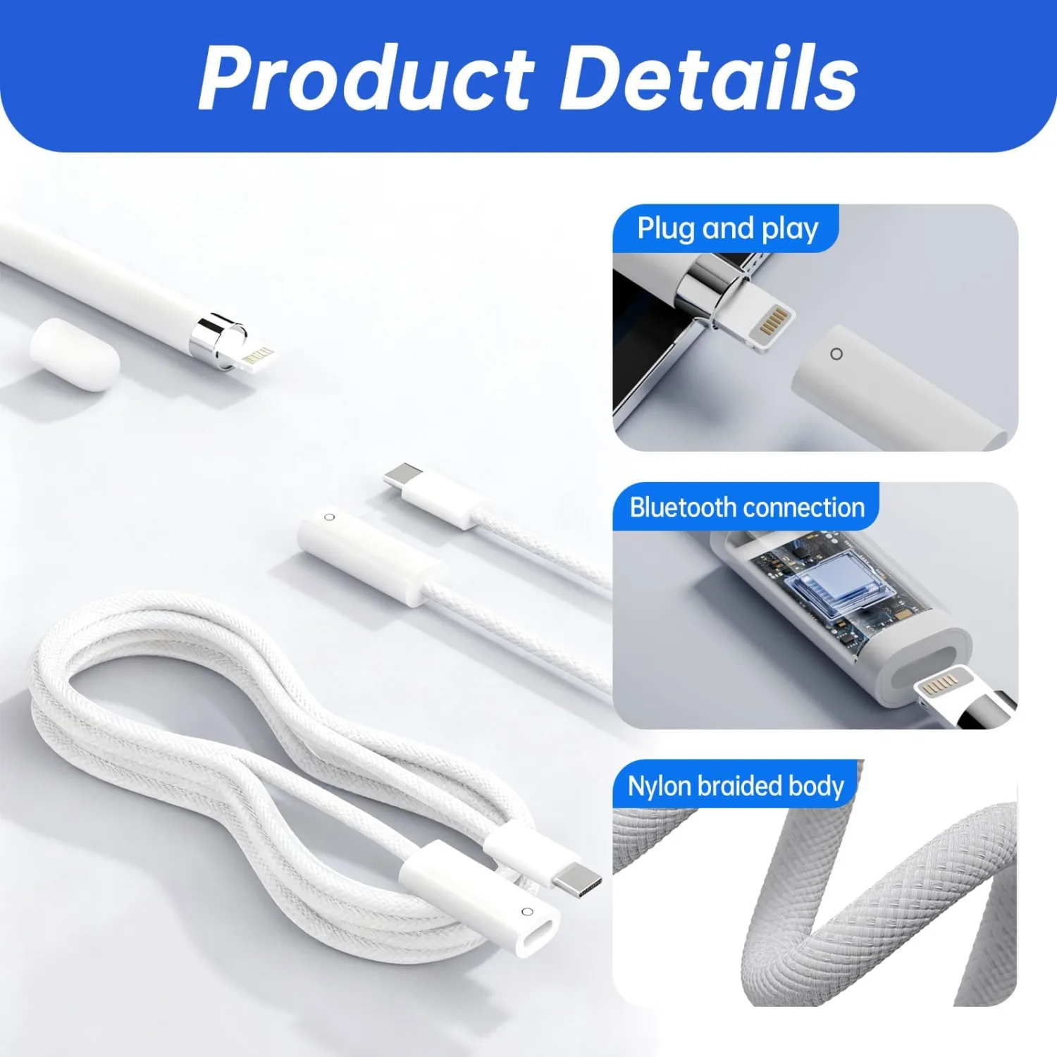 USB-C Charging Cable for Apple Pencil 1st Generation, Charger Adapter Compatible with iPad 10th Gen 2022 11th Gen 2025, Bluetooth Pairing Connector for Fast Charging Easy Pencil Pairing, 3.3FT