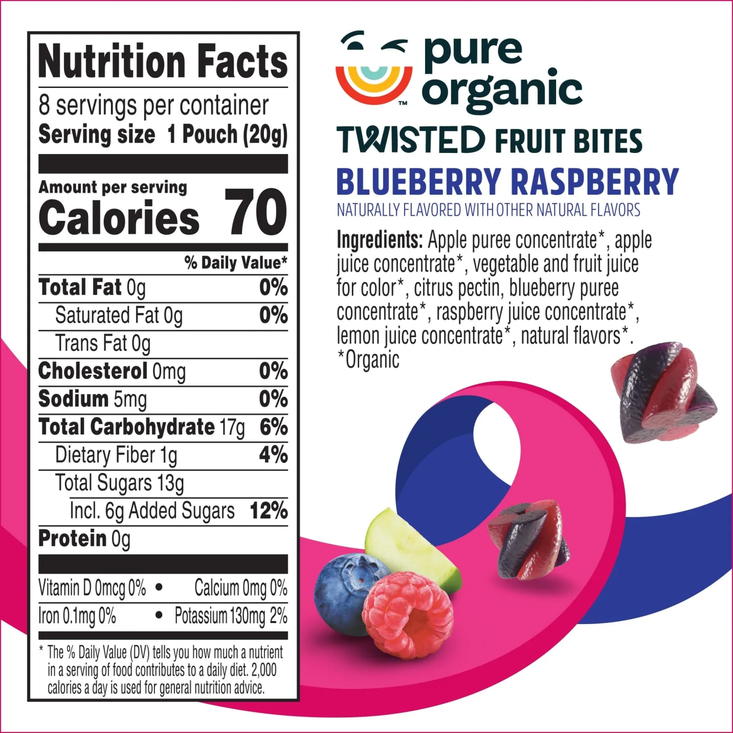 Pure Organic Twisted Fruit Bites, Kids Snacks, Fruit Snacks, Blueberry Raspberry (16 Pouches)