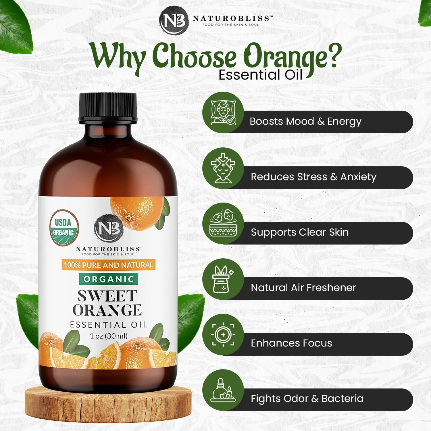 NaturoBliss Organic Sweet Orange Essential Oil, 100% Pure Therapeutic Grade, Premium Quality, 1 fl. Oz / 30 ml - Perfect for Aromatherapy and Relaxation