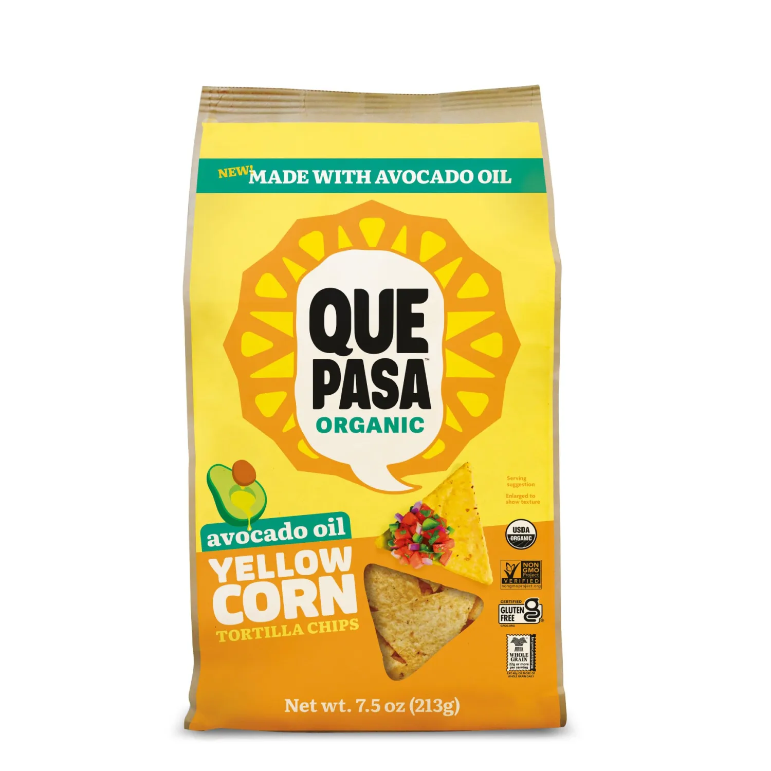 Que Pasa Organic Avocado Oil Yellow Corn Tortilla Chips, 7.5 oz (Pack of 1), Gluten Free, Non-GMO, by Nature's Path