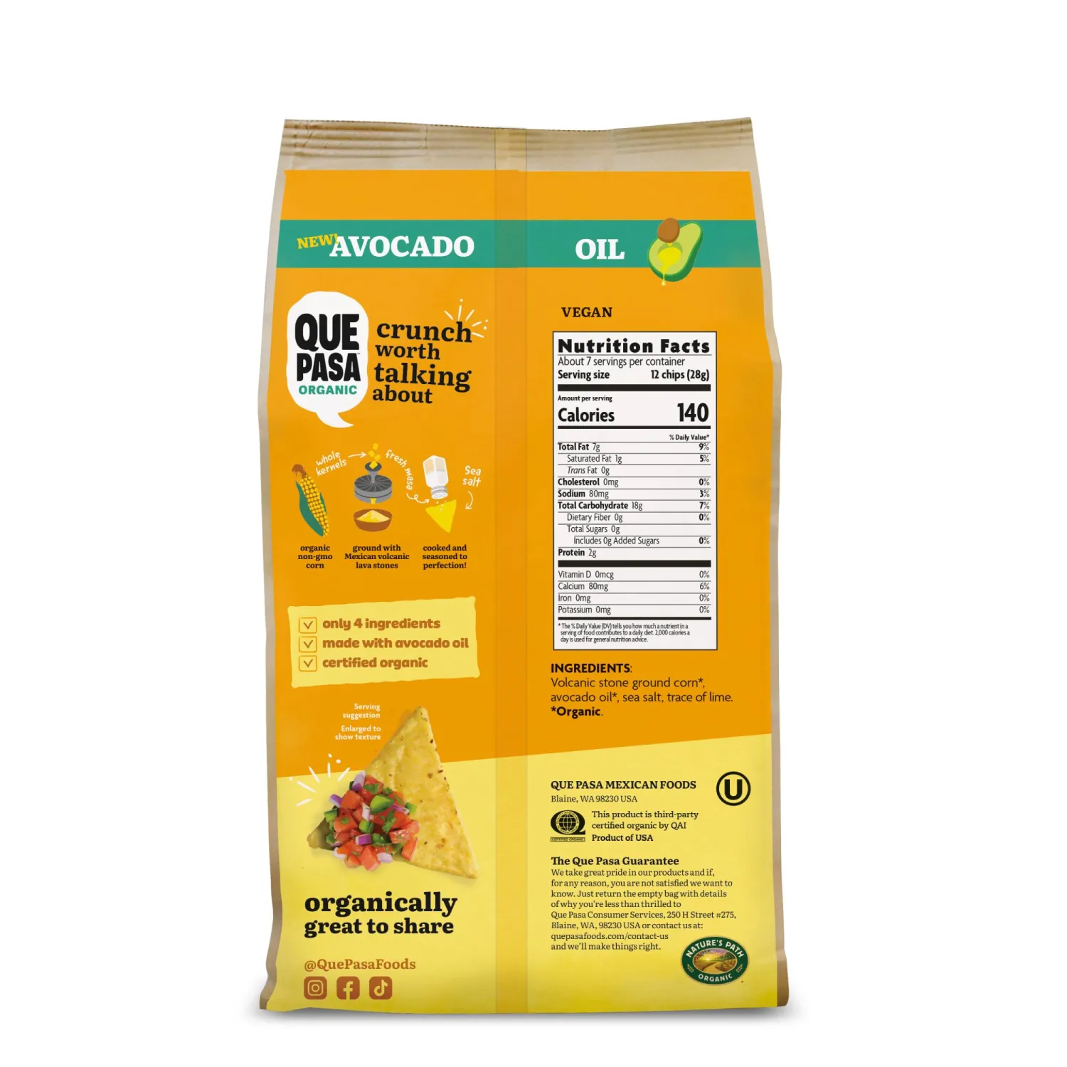 Que Pasa Organic Avocado Oil Yellow Corn Tortilla Chips, 7.5 oz (Pack of 1), Gluten Free, Non-GMO, by Nature's Path
