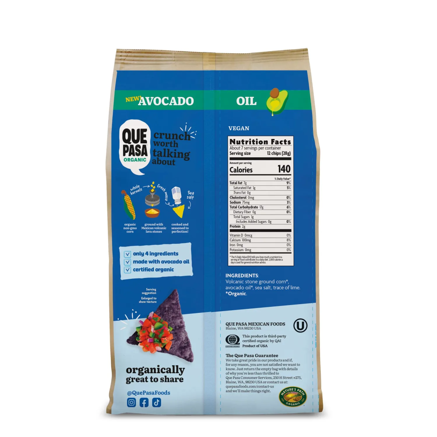Que Pasa Organic Avocado Oil Blue Corn Tortilla Chips, 7.5 oz (Pack of 1), Gluten Free, Non-GMO, by Nature's Path