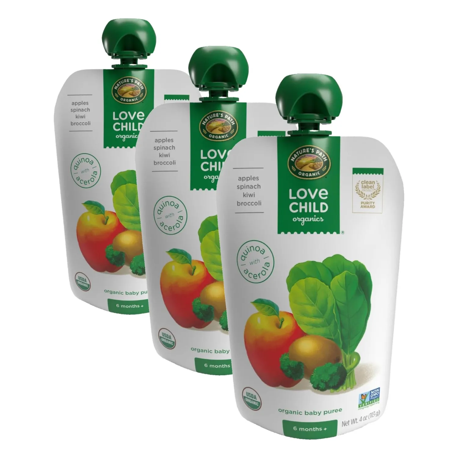Love Child Organics Superblends Apples, Spinach, Kiwi + Broccoli Puree, 4 oz (Pack of 3), Non-GMO, by Nature's Path
