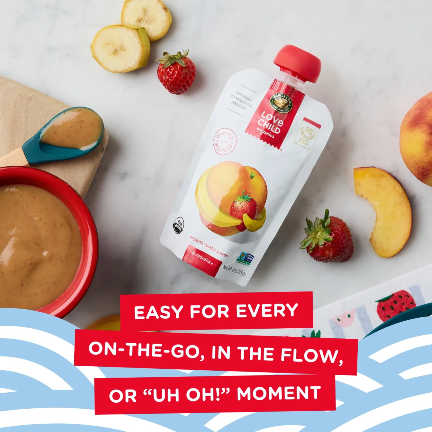 Love Child Organics Superblends Bananas, Strawberries + Peaches Puree, 4 oz (Pack of 1), Non-GMO, by Nature's Path