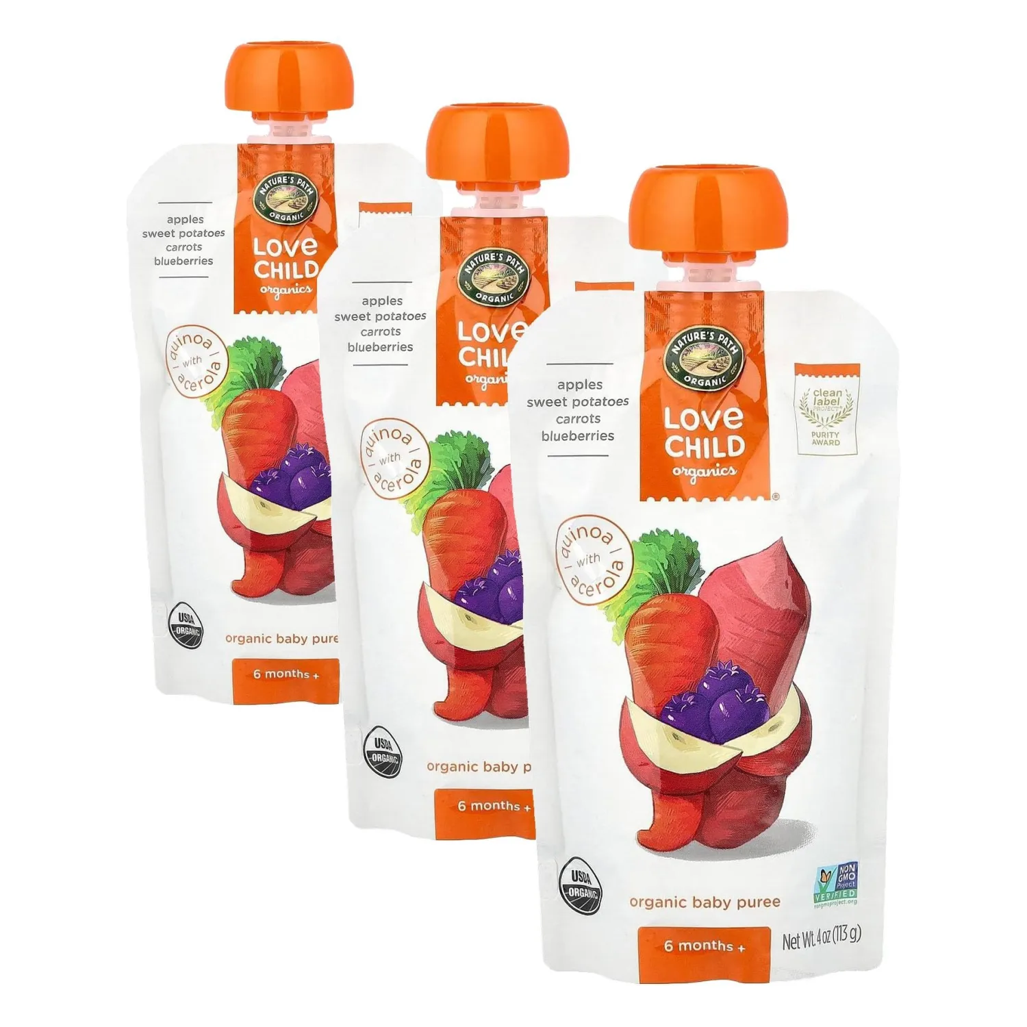 Love Child Organics Superblends Apples, Sweet Potatoes, Carrots + Blueberries Puree, 4 oz (Pack of 3), Non-GMO, by Nature's Path