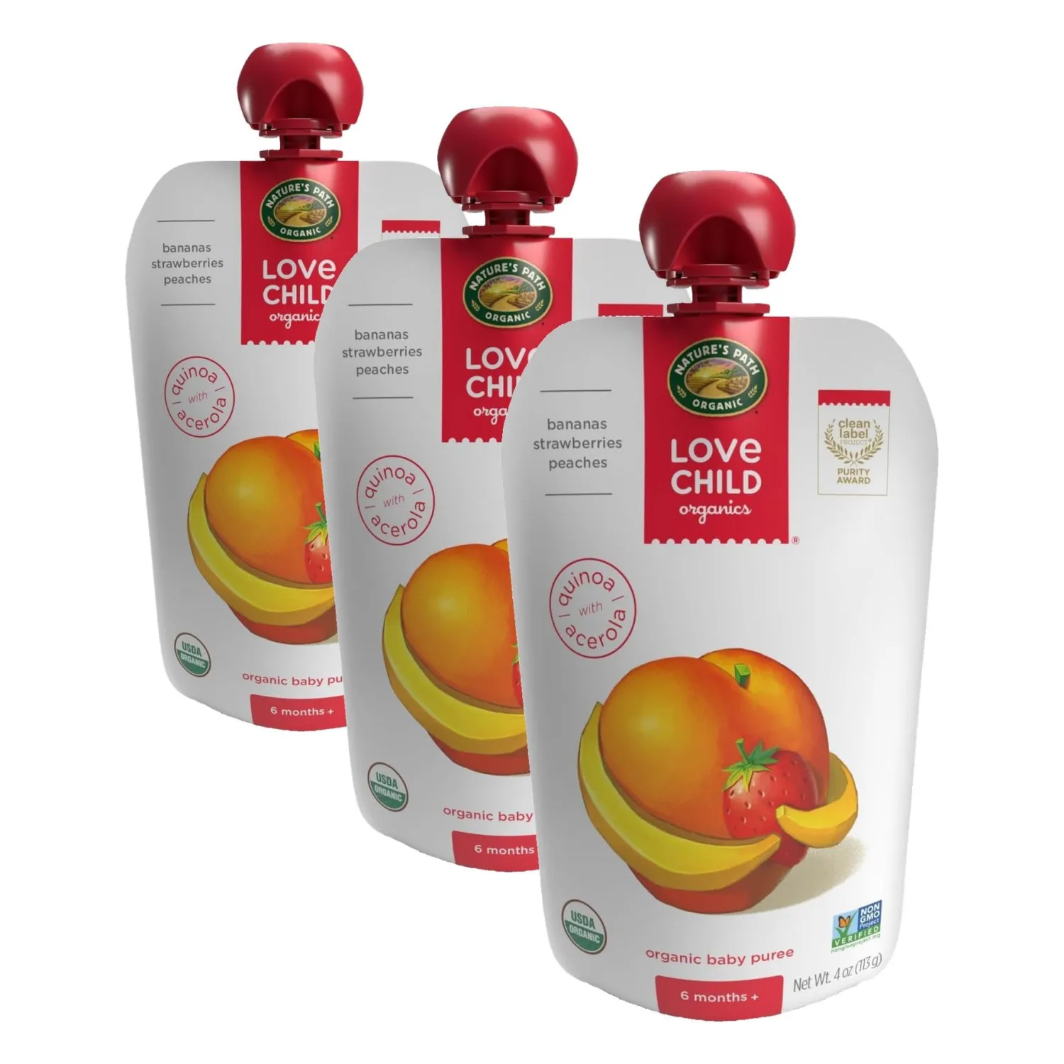 Love Child Organics Superblends Bananas, Strawberries + Peaches Puree, 4 oz (Pack of 3), Non-GMO, by Nature's Path
