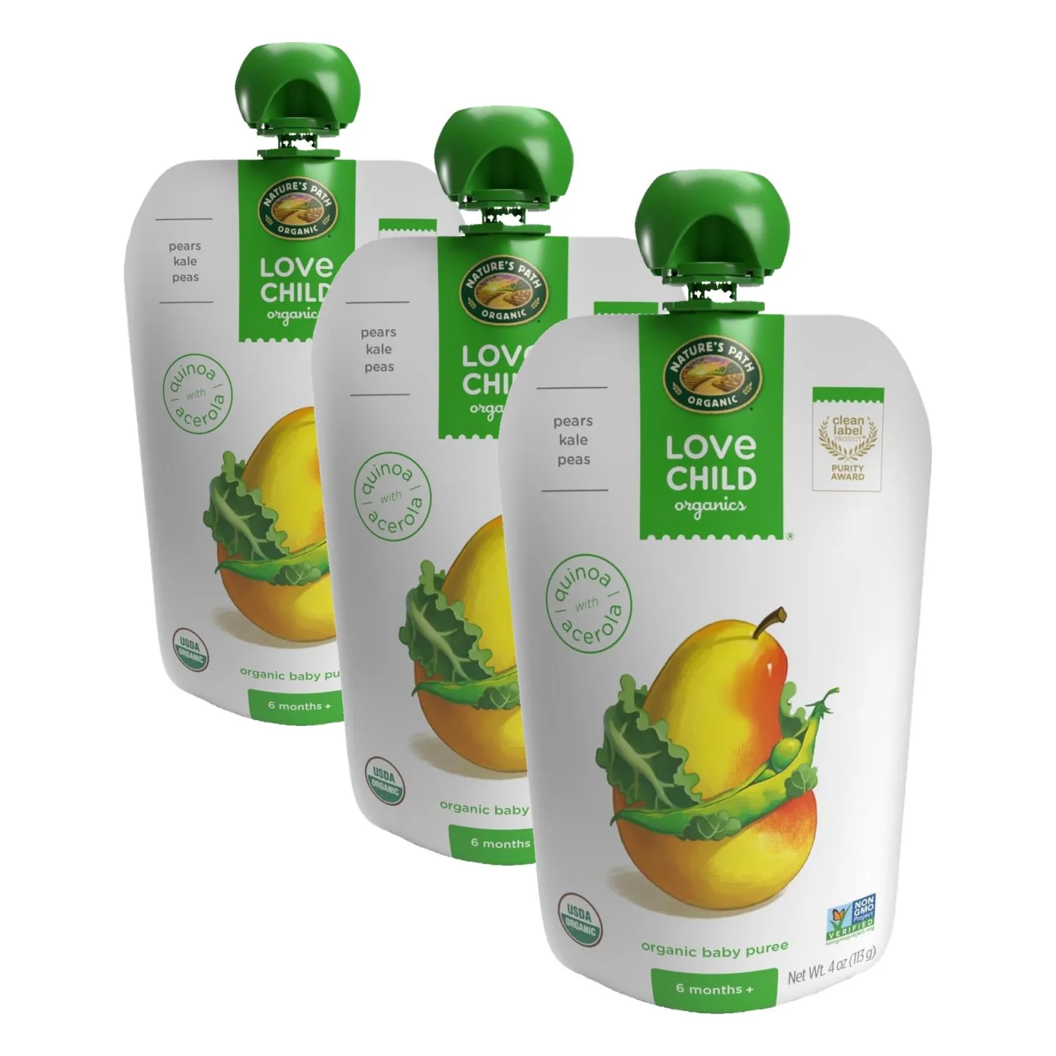 Love Child Organics Superblends Pears, Kale + Peas Puree, 4 oz (Pack of 3), Non-GMO, by Nature's Path
