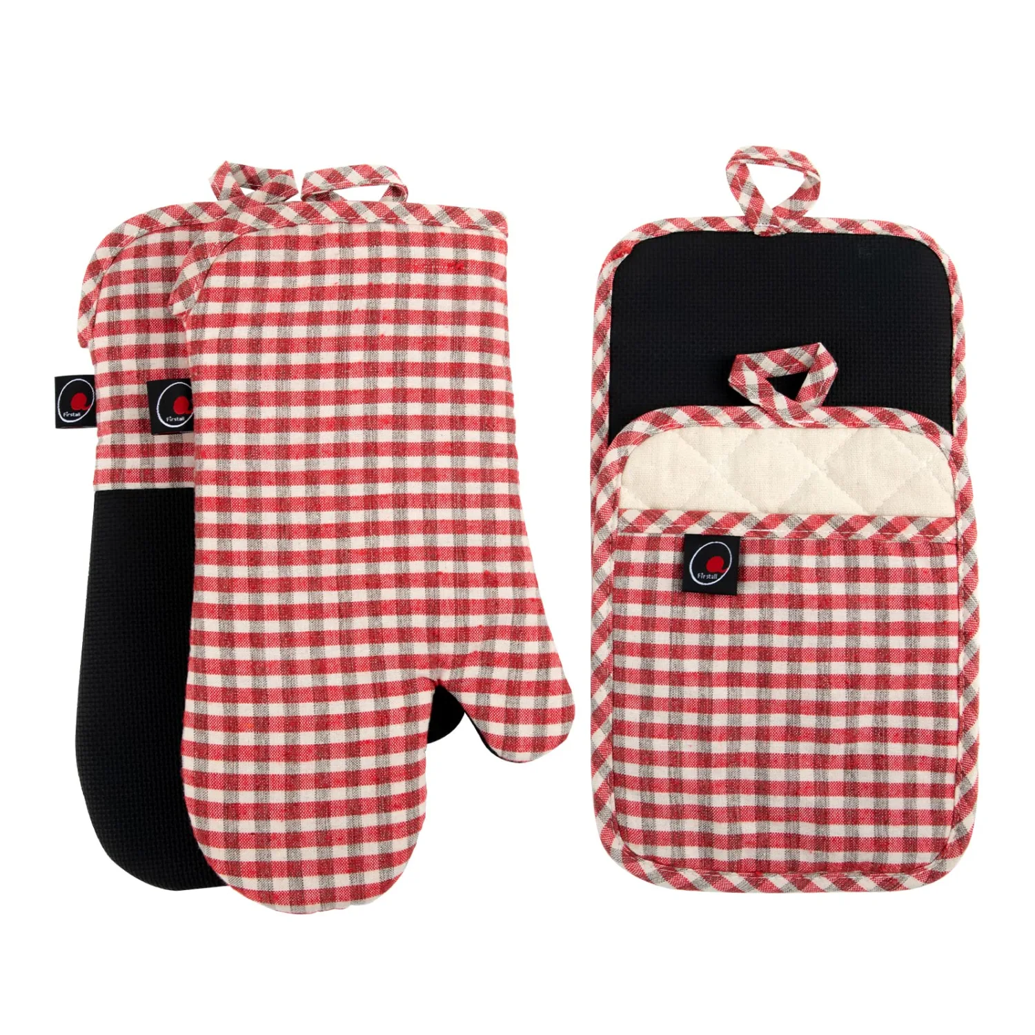 Oven Mitts and PotHolders Sets, 4 Pcs Kitchen Oven Glove High Heat Resistant 400°F Pot Holders for Kitchen, Non-Slip Neoprene Oven Mitts are Suitable for Cooking, Baking (Red Grid)