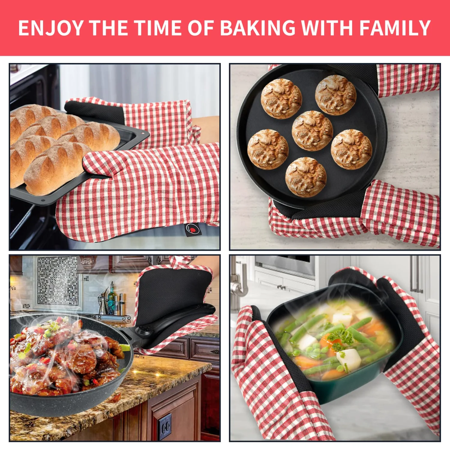 Oven Mitts and PotHolders Sets, 4 Pcs Kitchen Oven Glove High Heat Resistant 400°F Pot Holders for Kitchen, Non-Slip Neoprene Oven Mitts are Suitable for Cooking, Baking (Red Grid)