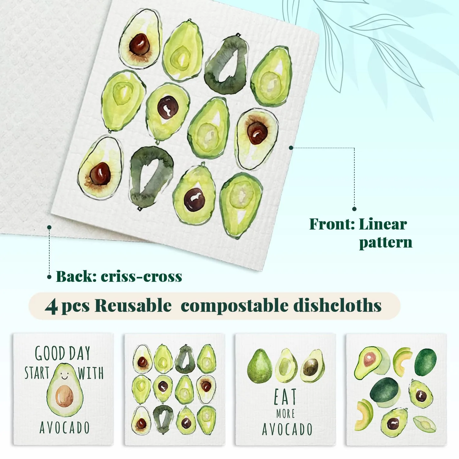 Avocado Swedish Dishcloths for Kitchen, Swedish Dish Cleaning Cloths for Friut, Papaya Reusable Paper Towels, 4 Pack Dish Towels for Kitchen, Reusable Sponge Cloths Washable