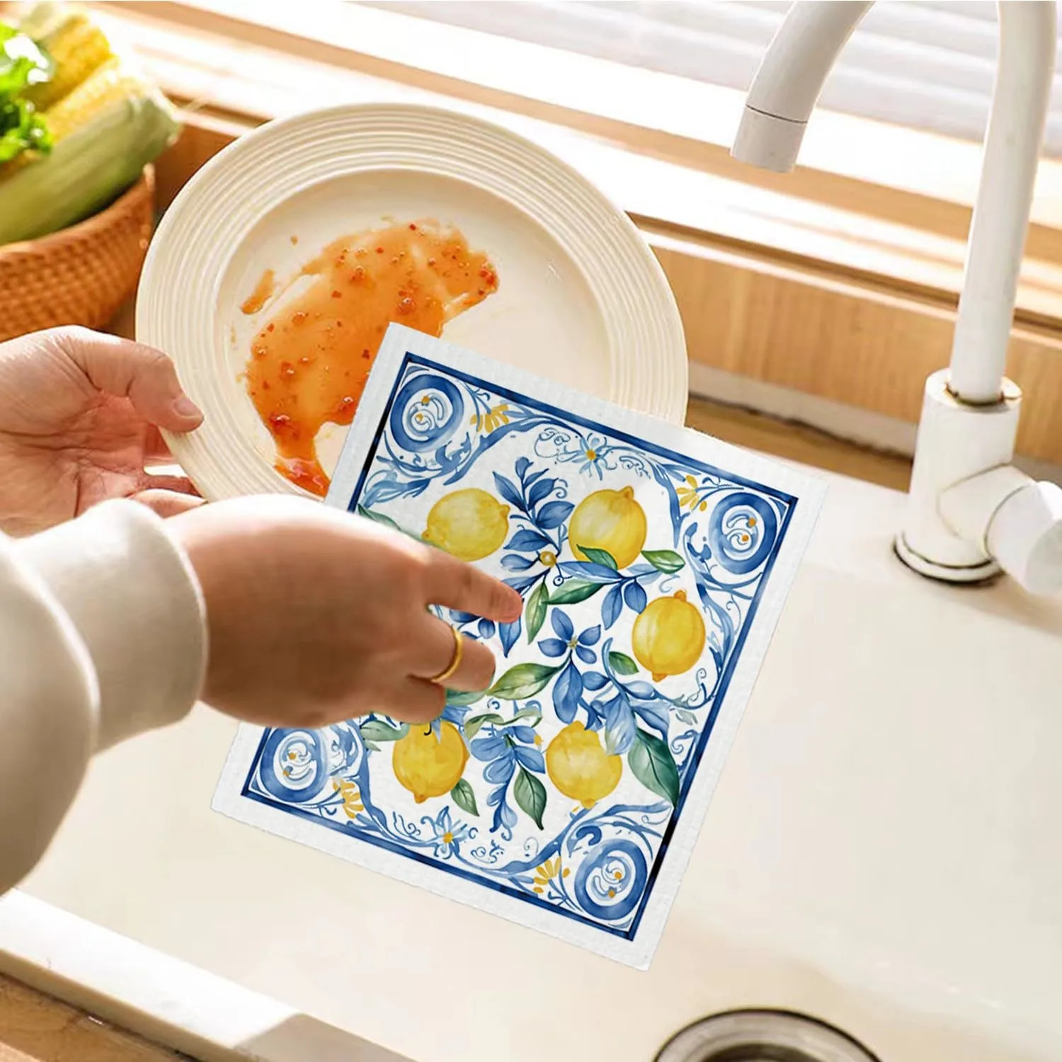 Swedish Dishcloths for Kitchen, Papaya Reusable Paper Towels Washable, Summer Lemon Vintage Floral Swedish DishCloths for Friut, 4 Pack Dish Towels for Kitchen, No Odor Cleaning Cloths