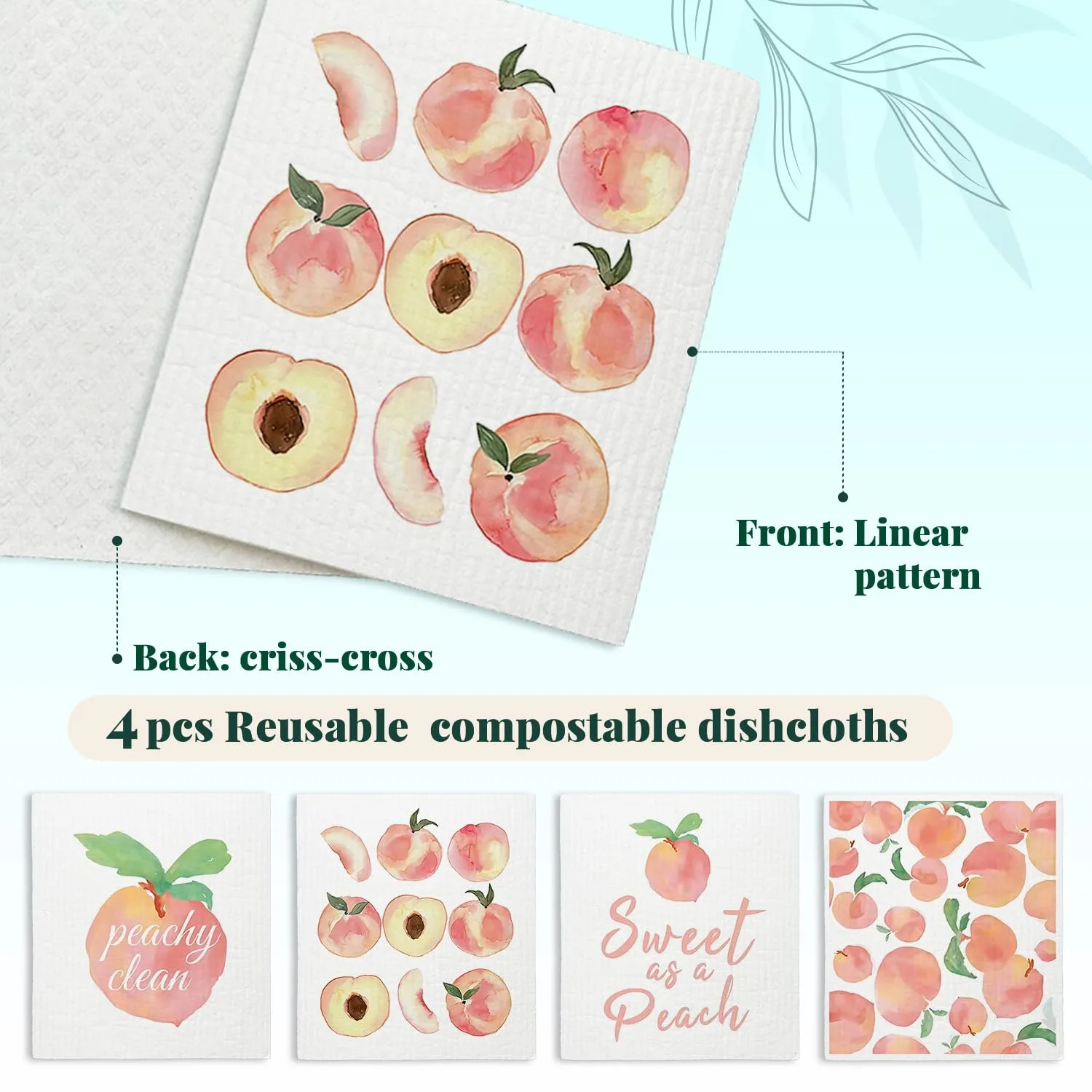 Peach Swedish Dishcloths for Kitchen, Pink Peach Cute Swedish Dish Cloths for Friut, Papaya Reusable Paper Towels, 4 Pack Cleaning Cloth for Kitchen, Reusable Paper Towels Washable