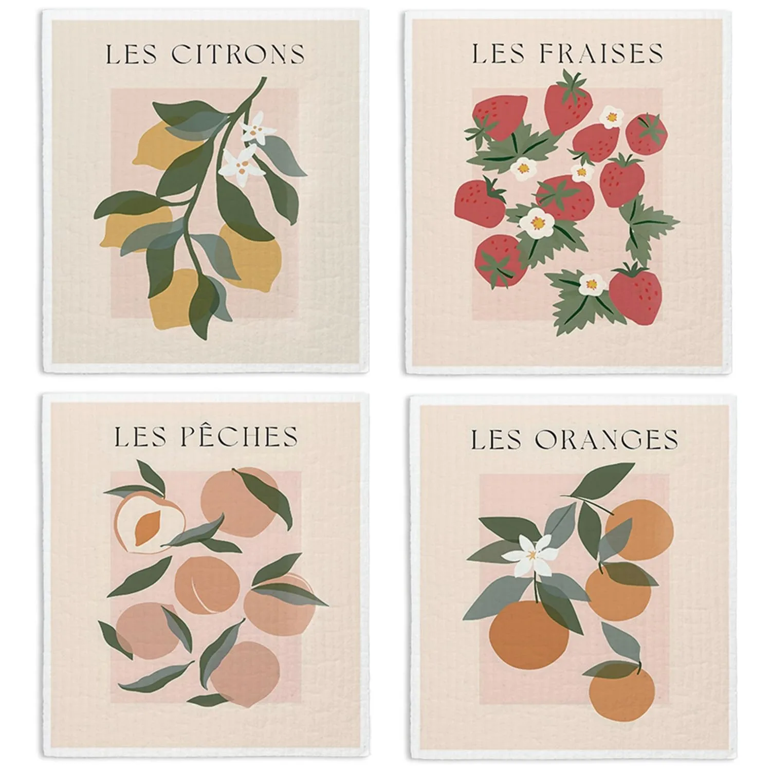 Swedish Dishcloths for Kitchen, Pink Strawberries Peach Citrons Oranges Swedish DishCloths for Friut, 4 Pack Dish Towels for Kitchen, Papaya Reusable Paper Towels Washable