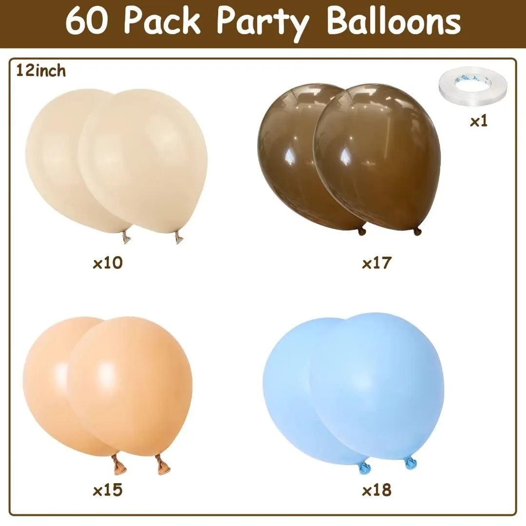 Blue and Brown Balloons, 60 PCS Pastel Macaron Blue White Sand Nude Brown Latex Balloons Set, Light Baby Blue Cream Beige Apricot Coffee Party Balloon for Teddy Bear Birthday Baby Shower Decorations