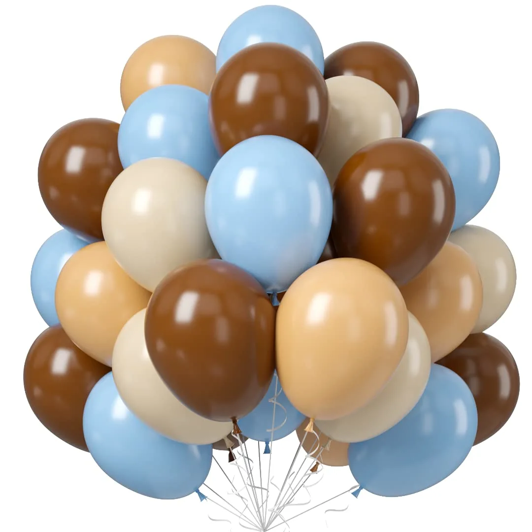 Blue and Brown Balloons, 60 PCS Pastel Macaron Blue White Sand Nude Brown Latex Balloons Set, Light Baby Blue Cream Beige Apricot Coffee Party Balloon for Teddy Bear Birthday Baby Shower Decorations