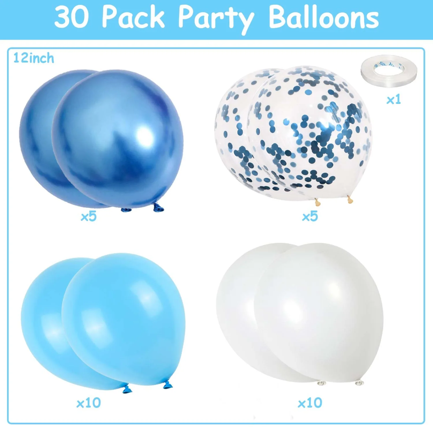 Blue and White Balloons, 12 Inch Light Blue White Latex Party Balloon Set Metallic Blue Balloons and Blue Confetti Helium Balloons for Kids Birthday Wedding Baby Shower Christening Party Decorations